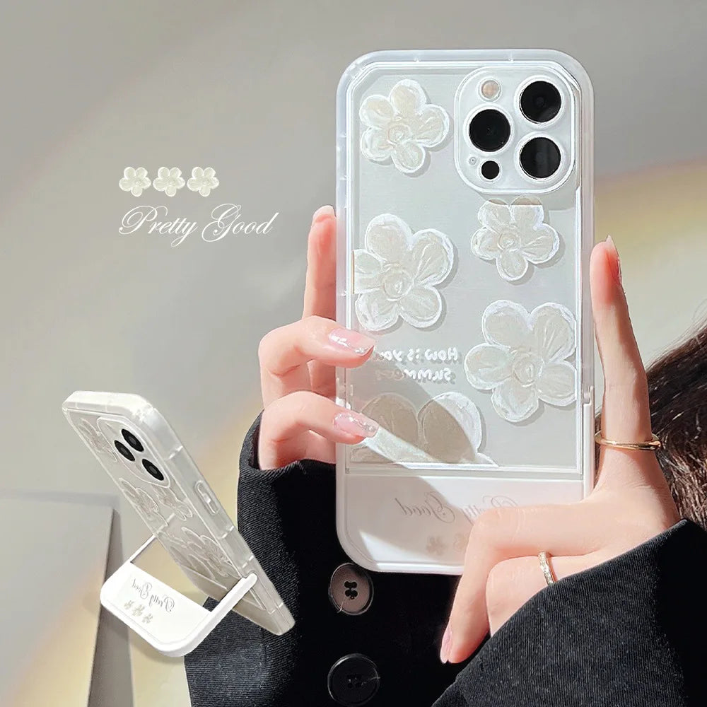 White Floral invisible Bracket Phone Case For iPhone
