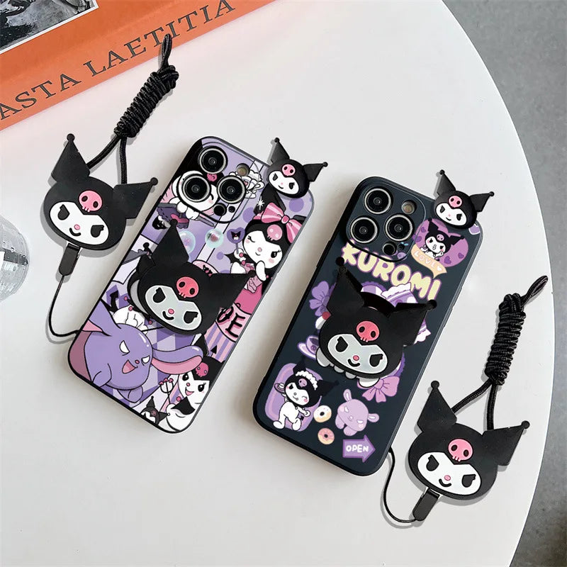 Kawaii 3D Cute Cartoon Kuromi Holder Rope Soft Phone Case For iPhone