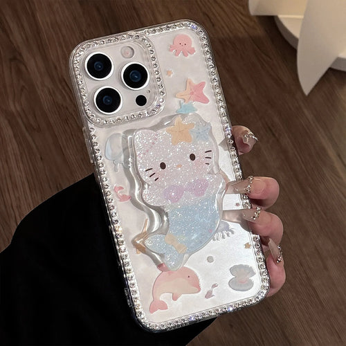 Summer Marine Mermaid Hello Kitty Glitter Bracket Phone Case For iPhone