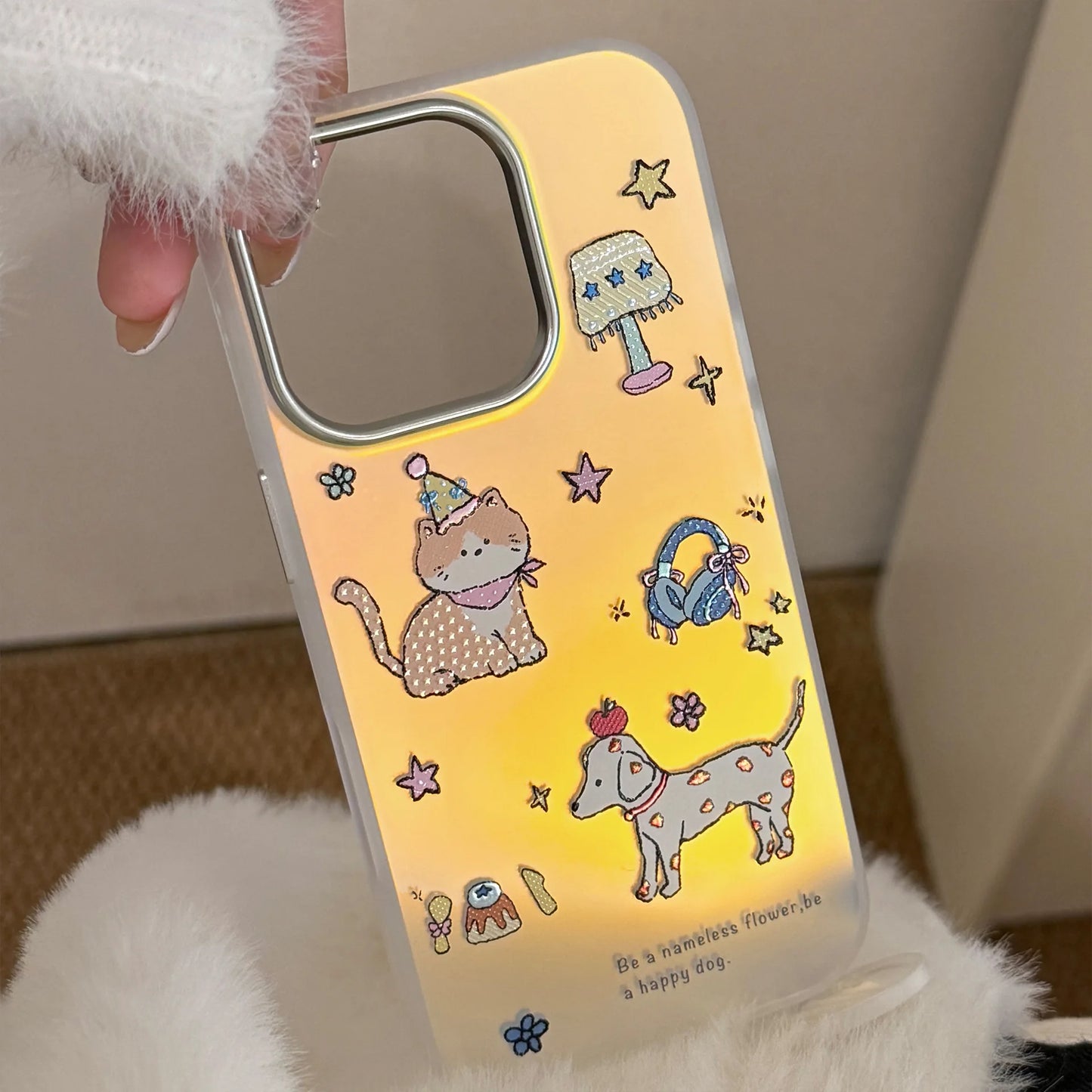 Korean Cartoon Puppy Kitten Laser Plating Phone Case For iPhone