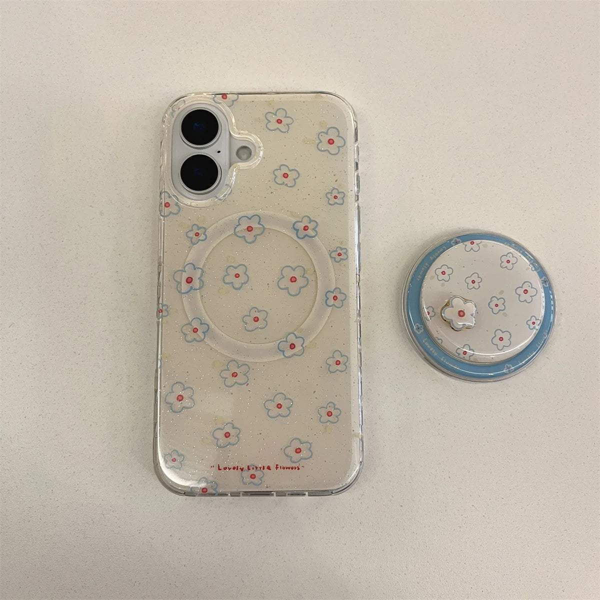 Blue Small Floral Flower Wallet With Holder Cover Phone Case