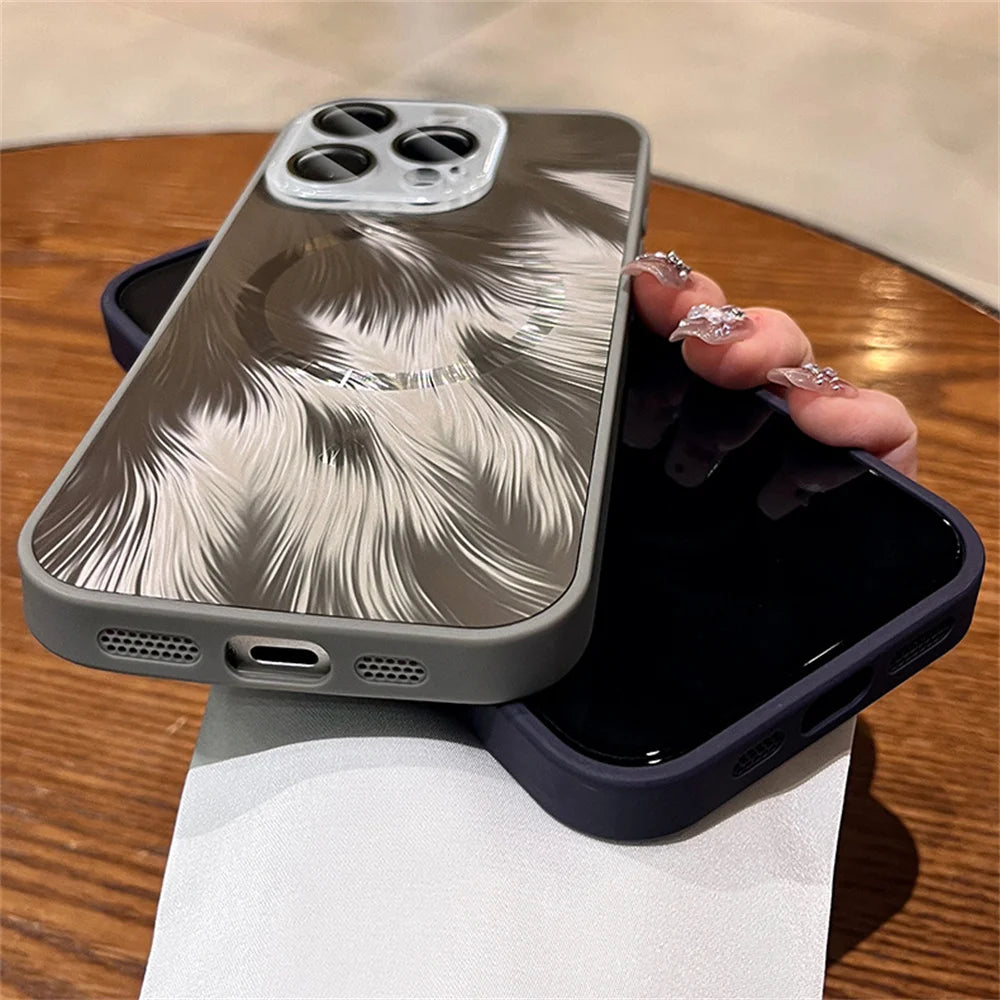 Dazzling For Magsafe Glitter Feather Pattern Magnetic Phone Case For iPhone