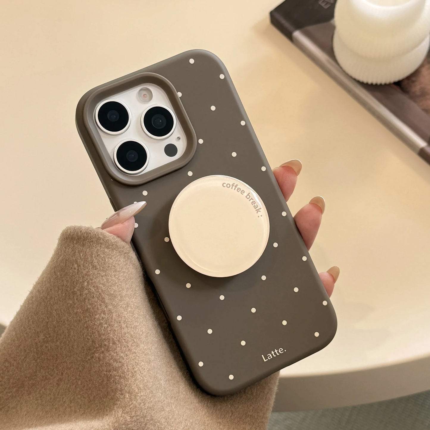 Korean Brown Full Screen Polka Dot With Round Bracket Soft Phone Case For iPhone