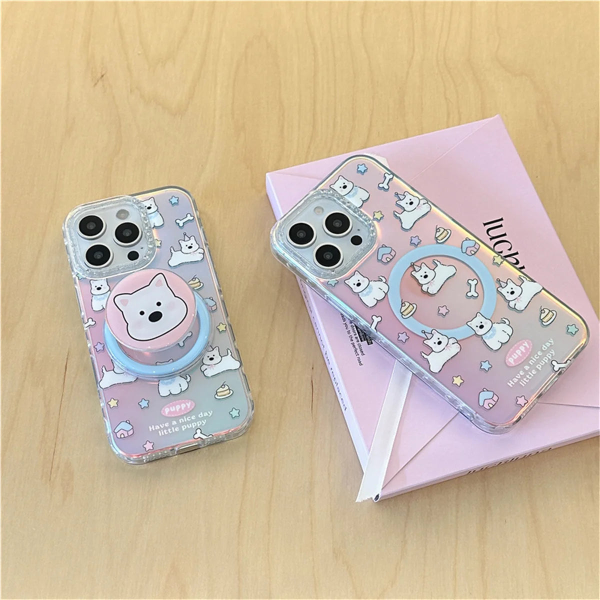 Fashion Laser Cute Catoon Puppy Magnetic Phone Case For iPhone