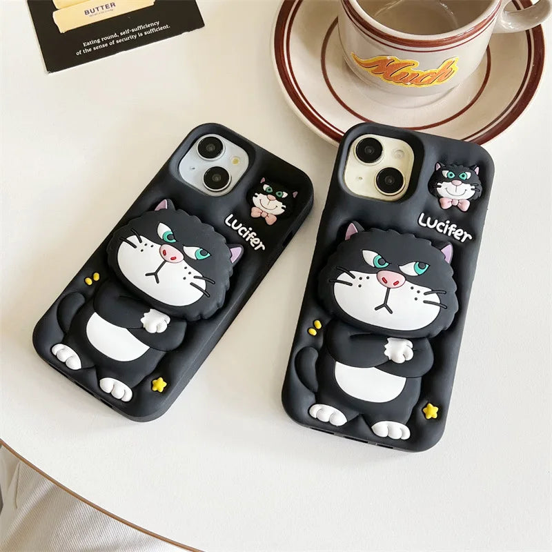 3D Cute Cartoon Cat Telescopic Bracket Soft Silicone Phone Case For iPhone