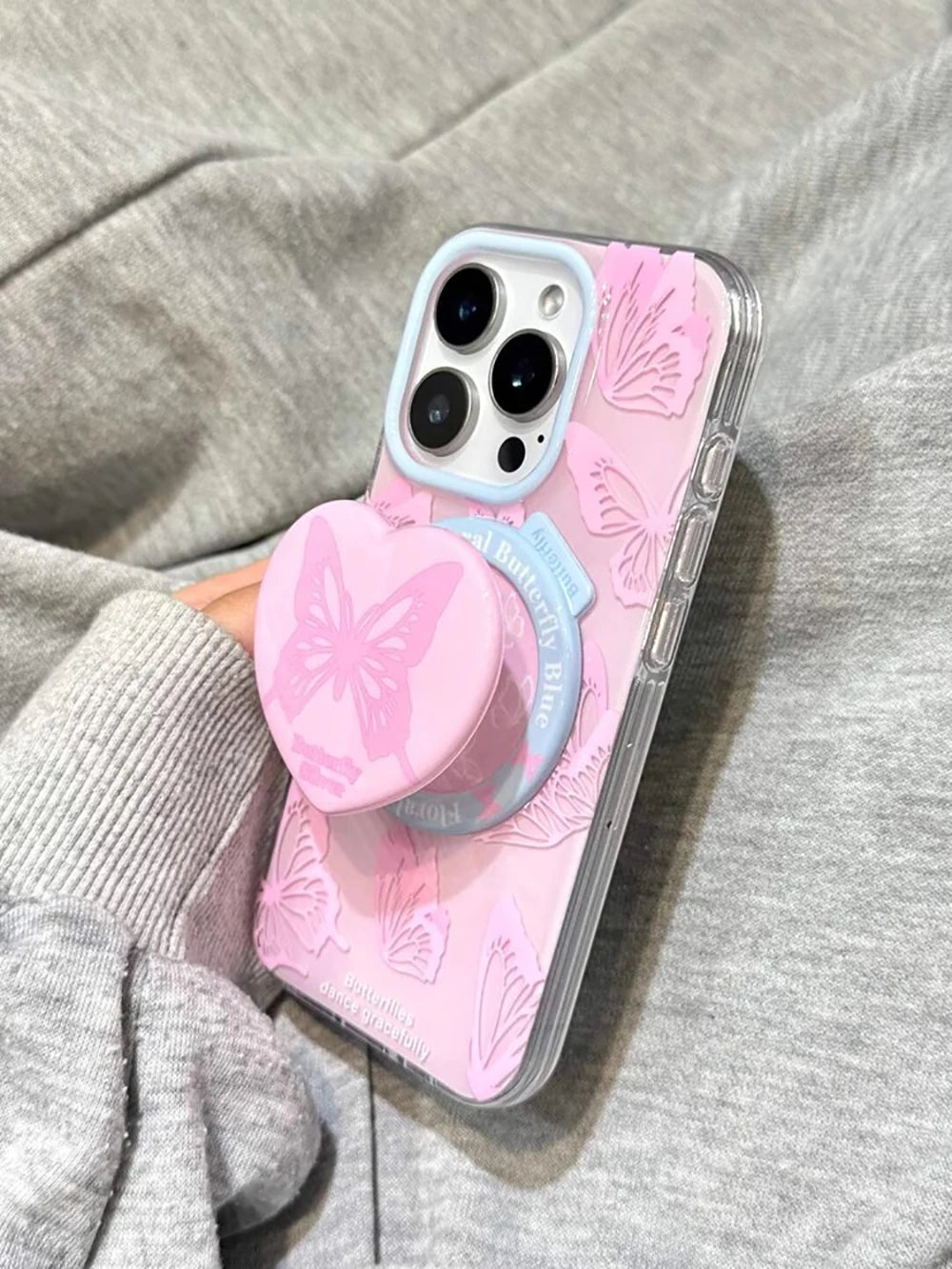 Cute Pink Butterfly Magnetic Grip Tok Stand Holder Phone Case