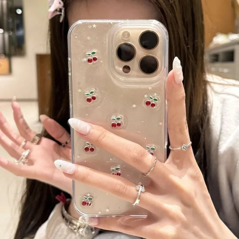 Cute Epoxy Cherry Glitter Clear Phone Case