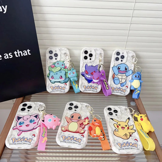 Cartoon Pikachu Gengar Wave Phone Case With Keychain For iPhone
