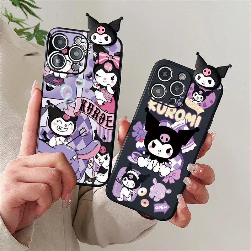 Kawaii 3D Cute Cartoon Kuromi Holder Rope Soft Phone Case For iPhone