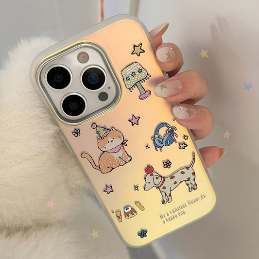 Korean Cartoon Puppy Kitten Laser Plating Phone Case For iPhone
