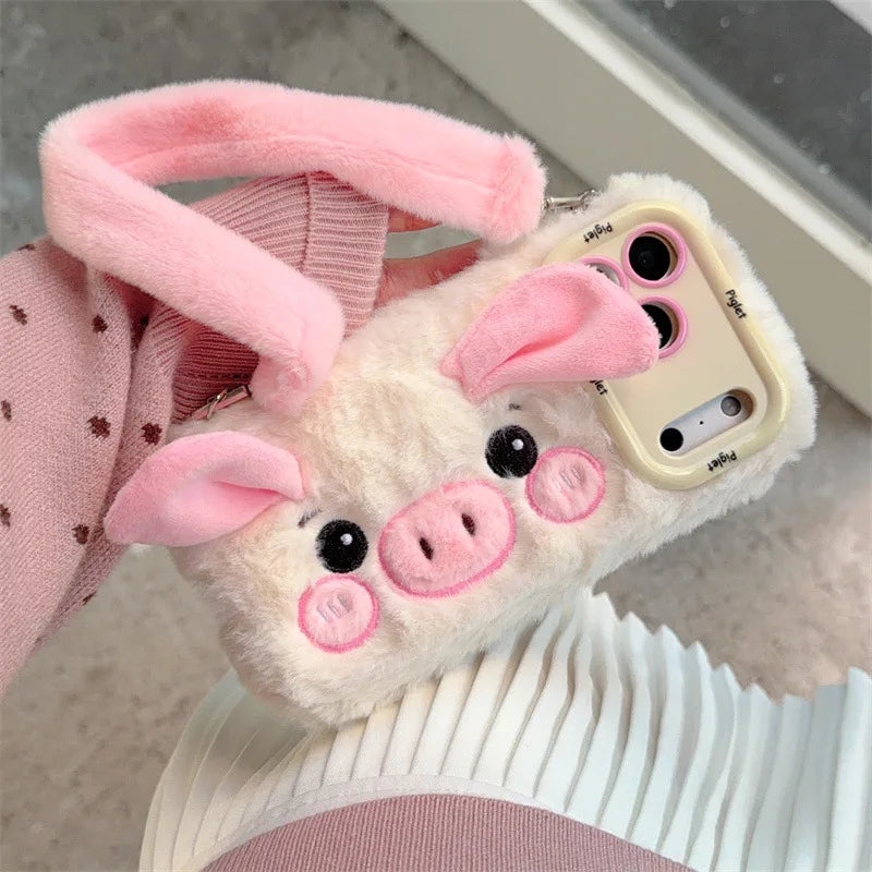 Cute 3D Cartoon Pig Plush Phone Case With Lanyard For iPhone