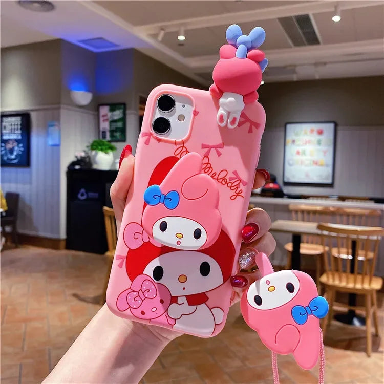 3D Cartoon My Melody Hello Kitty Holder Lanyard Phone Case For iPhone