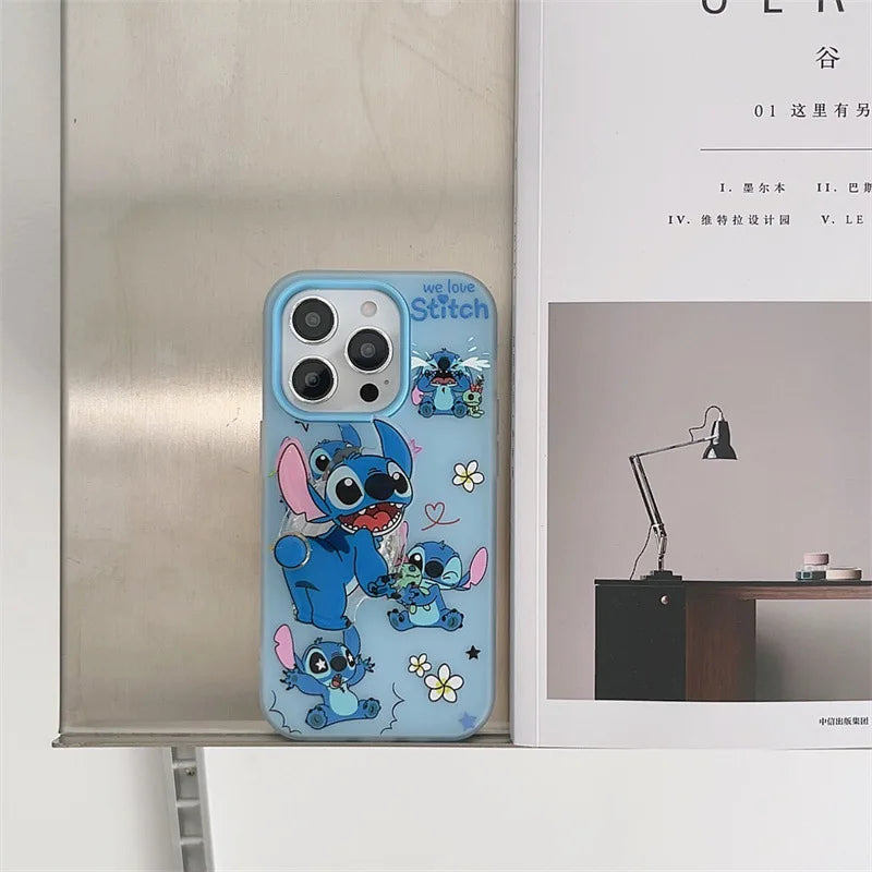 Korean Cute Cartoon Stitch With Acrylic Bracket Phone Case For iPhone