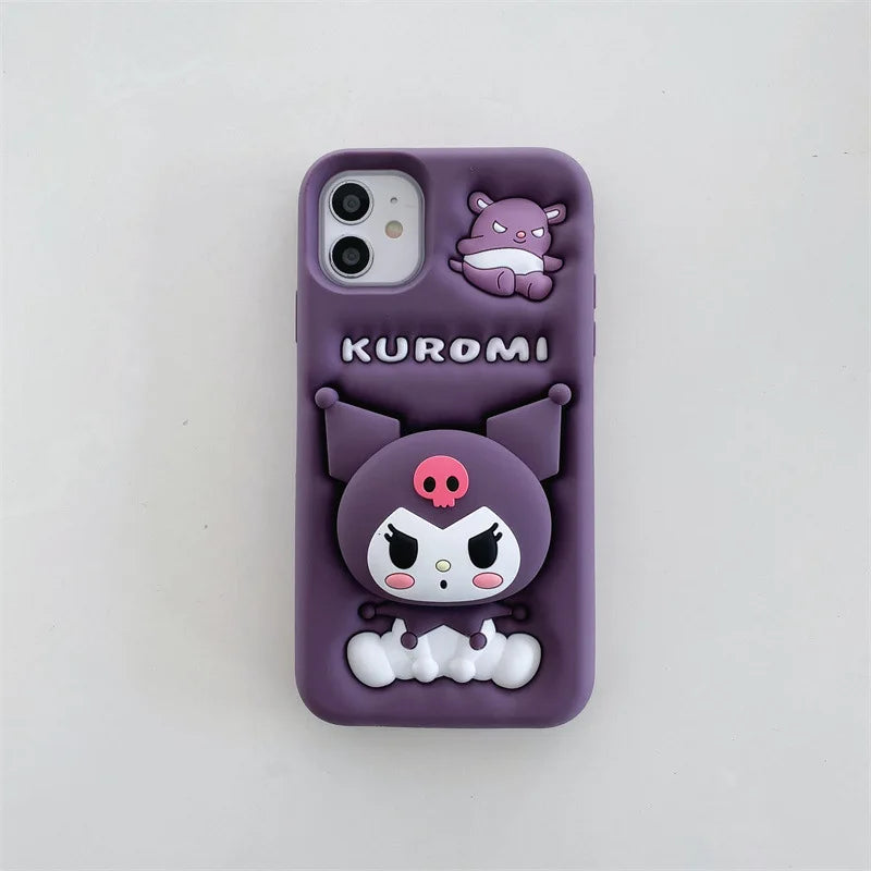 Kawaii 3D Cartoon Kuromi Telescopic Bracket Phone Case For iPhone