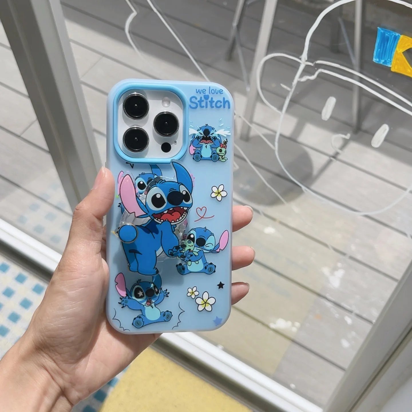 Korean Cute Cartoon Stitch With Acrylic Bracket Phone Case For iPhone