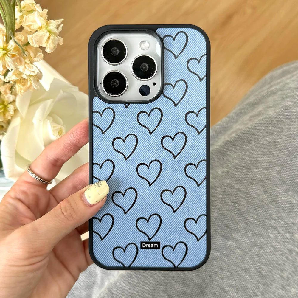 Cartoon Lovely Heart Jeans Denim Cloth Chic Phone Case