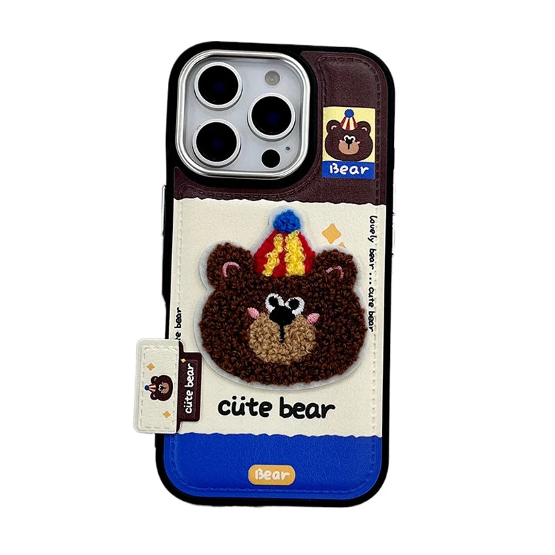 Cute Cartoon Embroidery Bear Dog Leather Phone Case