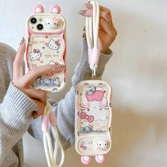 Kawaii Cartoon 3D Ears Quicksand Hello Kitty With Wrist Strap Phone Case For iPhone