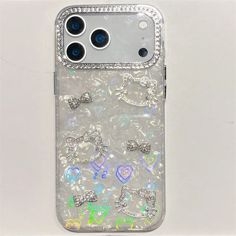 Luxury Glitter Rhinestone Camera Border 3D Hello Kitty Bowknot Shell Pattern Phone Case For iPhone