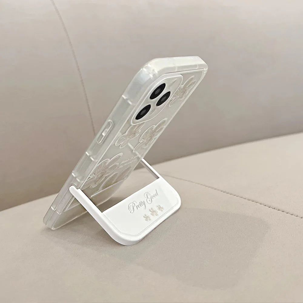 White Floral invisible Bracket Phone Case For iPhone
