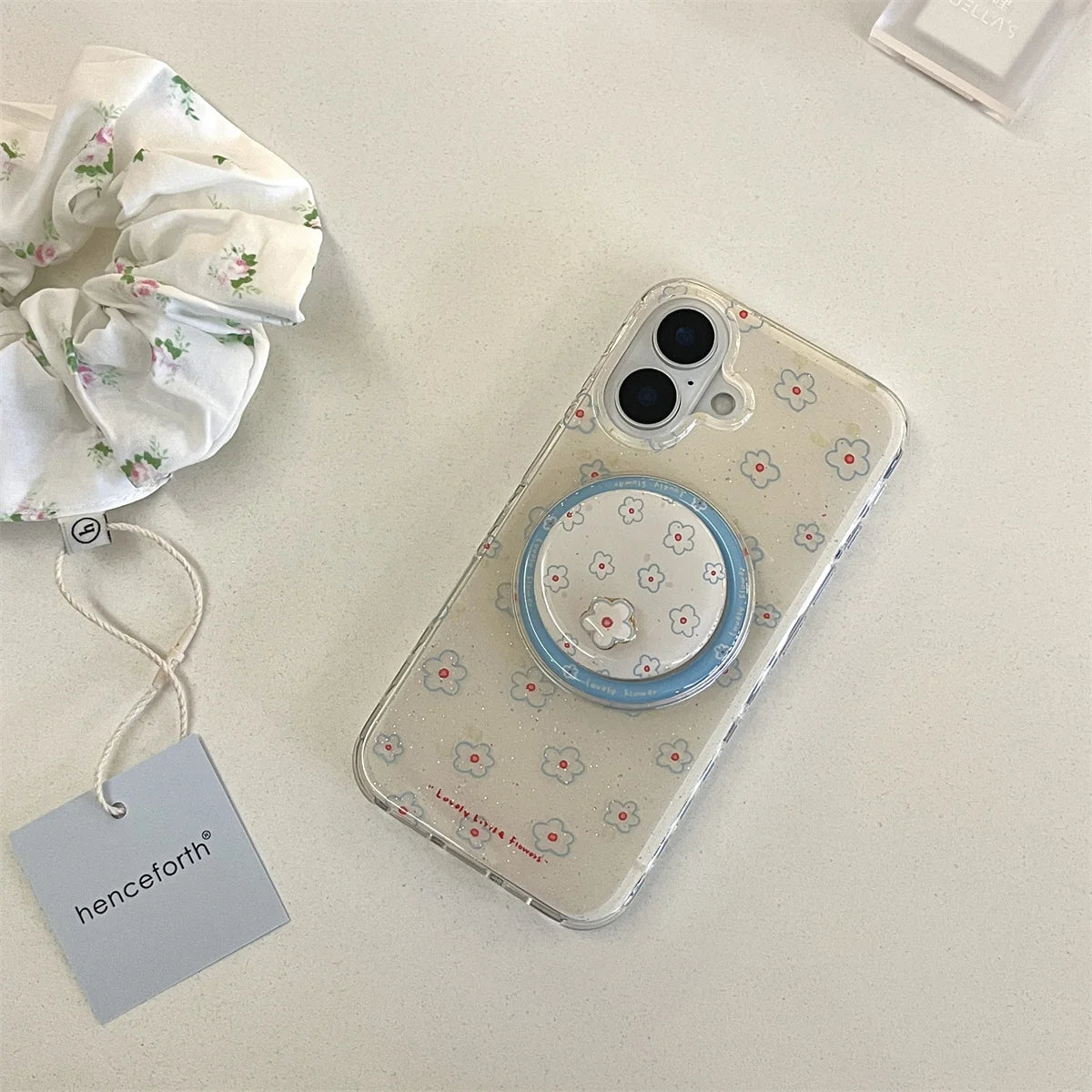 Blue Small Floral Flower Wallet With Holder Cover Phone Case