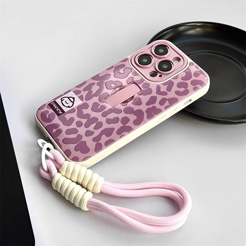 Cute Puppy Dog Stylish Leopard Print Ring Holder Stand Phone Case