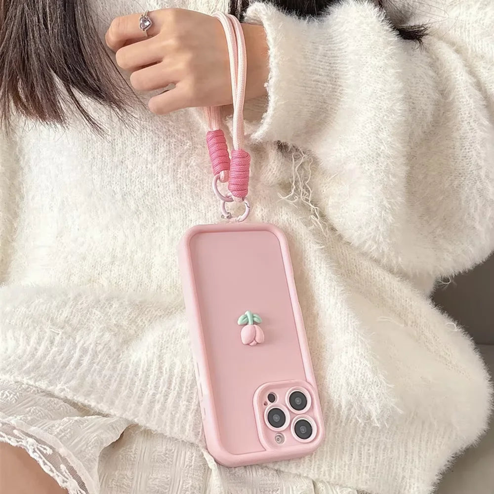 3D Cute Tulip Flower Lanyard Rope Phone Case For iPhone