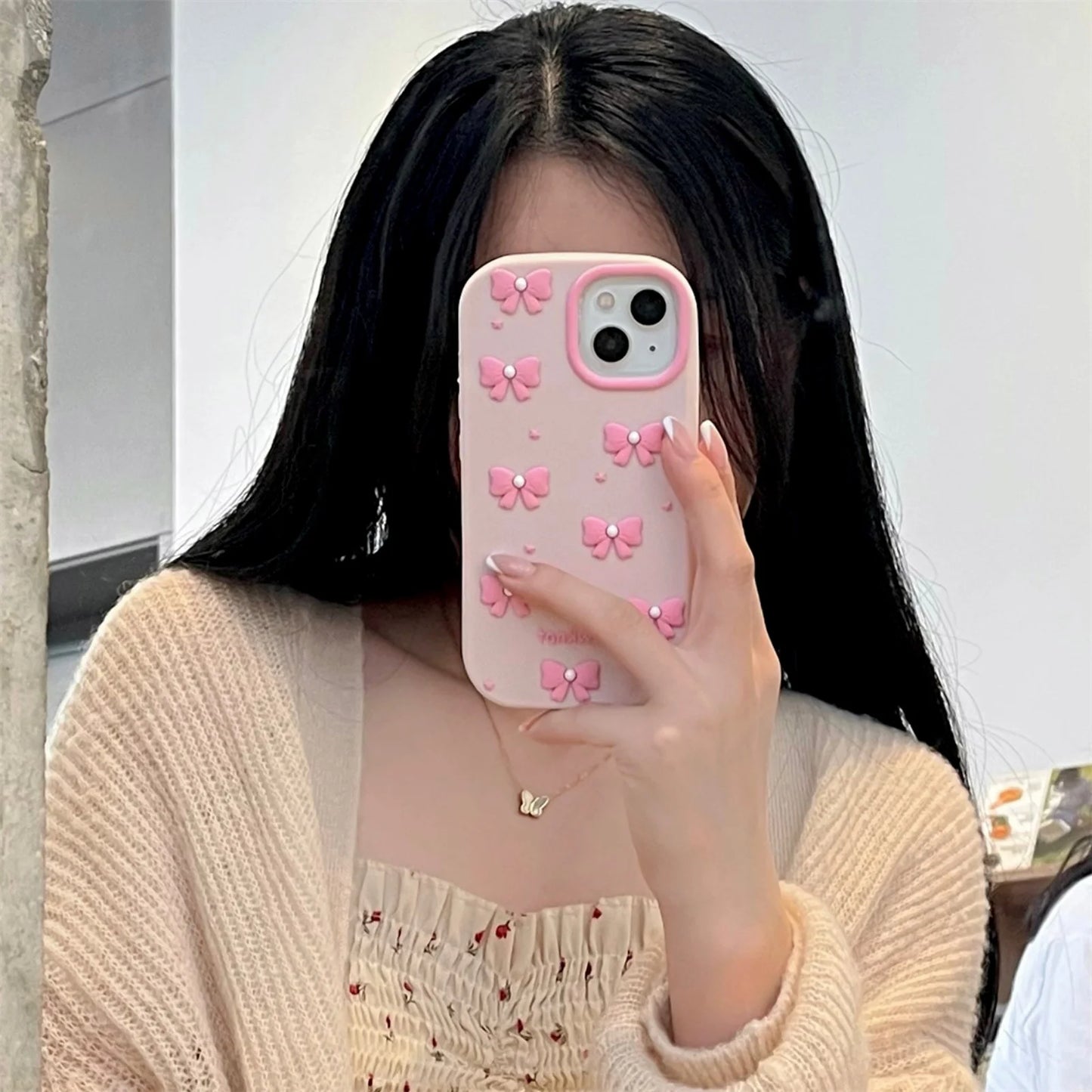 Cute Cartoon Mobile Pearl Pink Bow  Phone Case for iPhone
