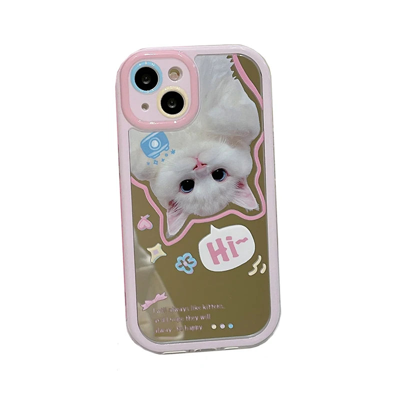 Lovely White Cat Makeup Mirror Case For iPhone