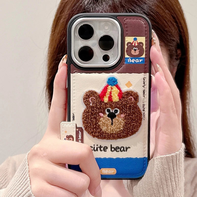 Cute Cartoon Embroidery Bear Dog Leather Phone Case