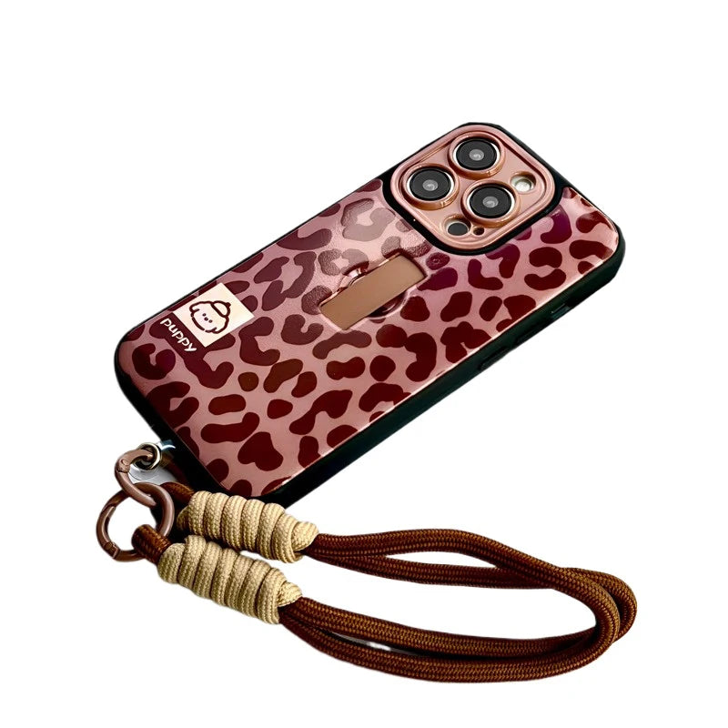 Cute Puppy Dog Stylish Leopard Print Ring Holder Stand Phone Case