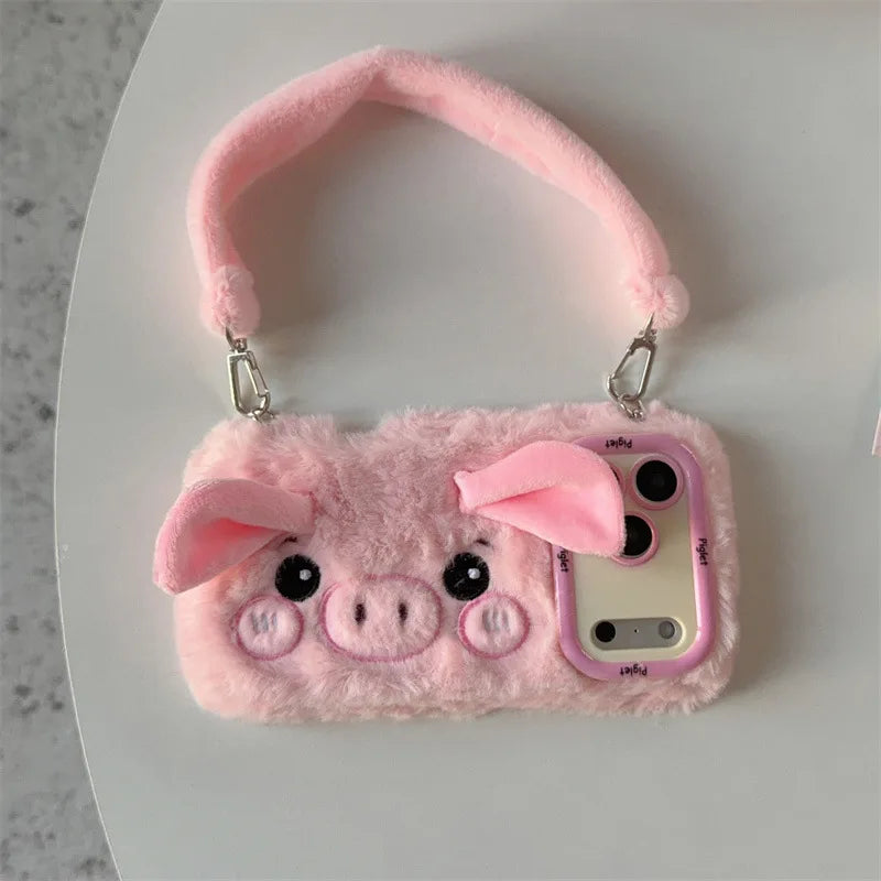 Cute 3D Cartoon Pig Plush Phone Case With Lanyard For iPhone