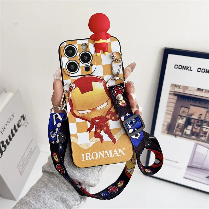 Cartoon 3D Spiderman Plaid Phone Case With Holder Lanyard For iPhone