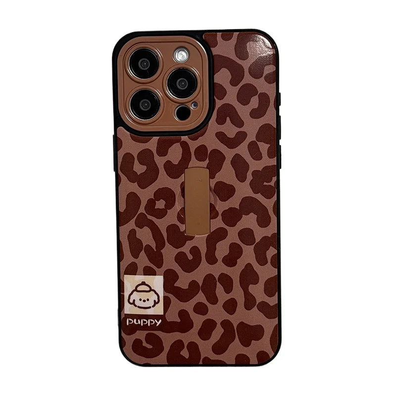 Cute Puppy Dog Stylish Leopard Print Ring Holder Stand Phone Case