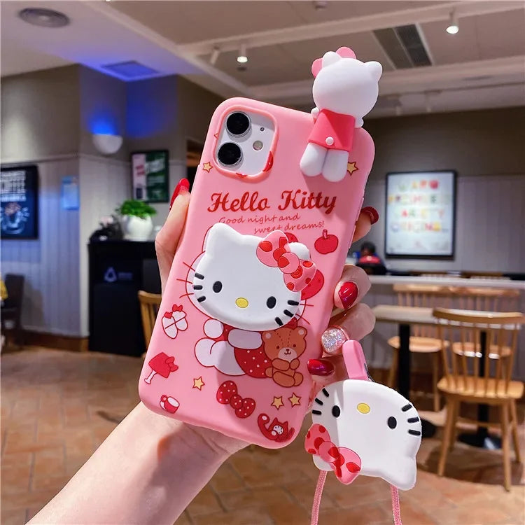 3D Cartoon My Melody Hello Kitty Holder Lanyard Phone Case For iPhone
