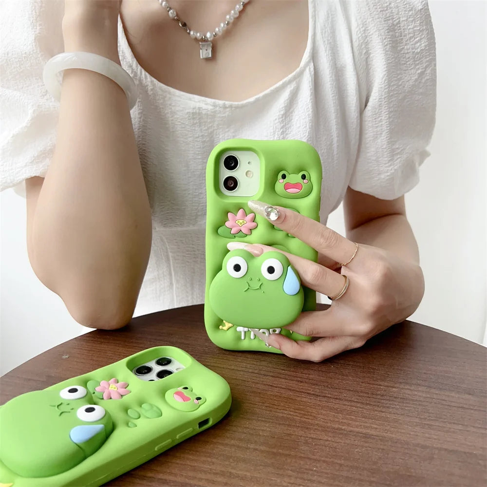 So Cute Green Frog Stand Holder Soft Silicone Phone Case