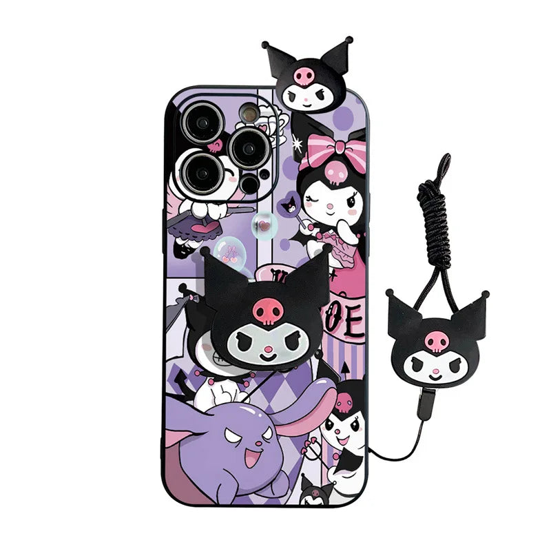 Kawaii 3D Cute Cartoon Kuromi Holder Rope Soft Phone Case For iPhone