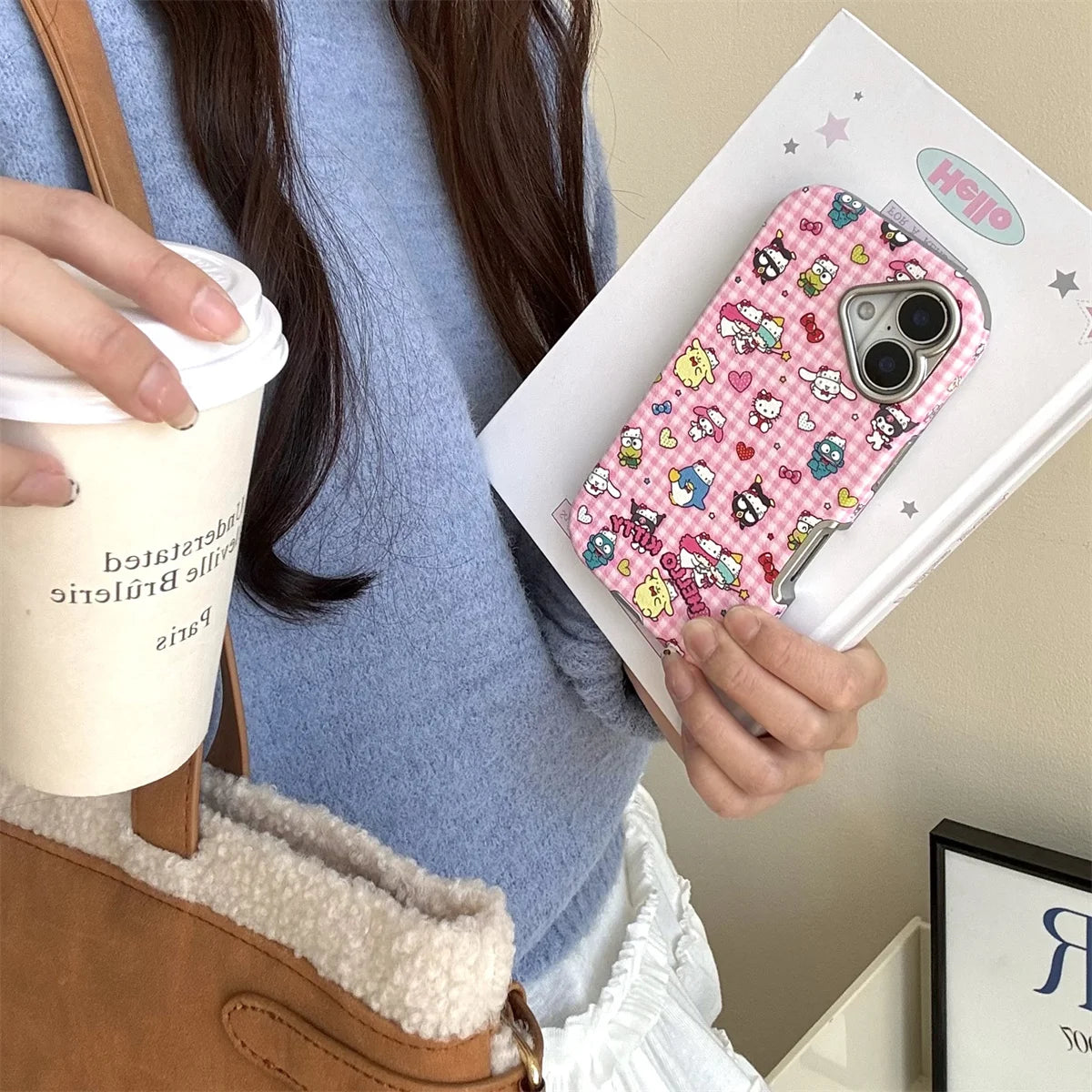 New Pink Checkered Hello Kitty Leather Phone Case