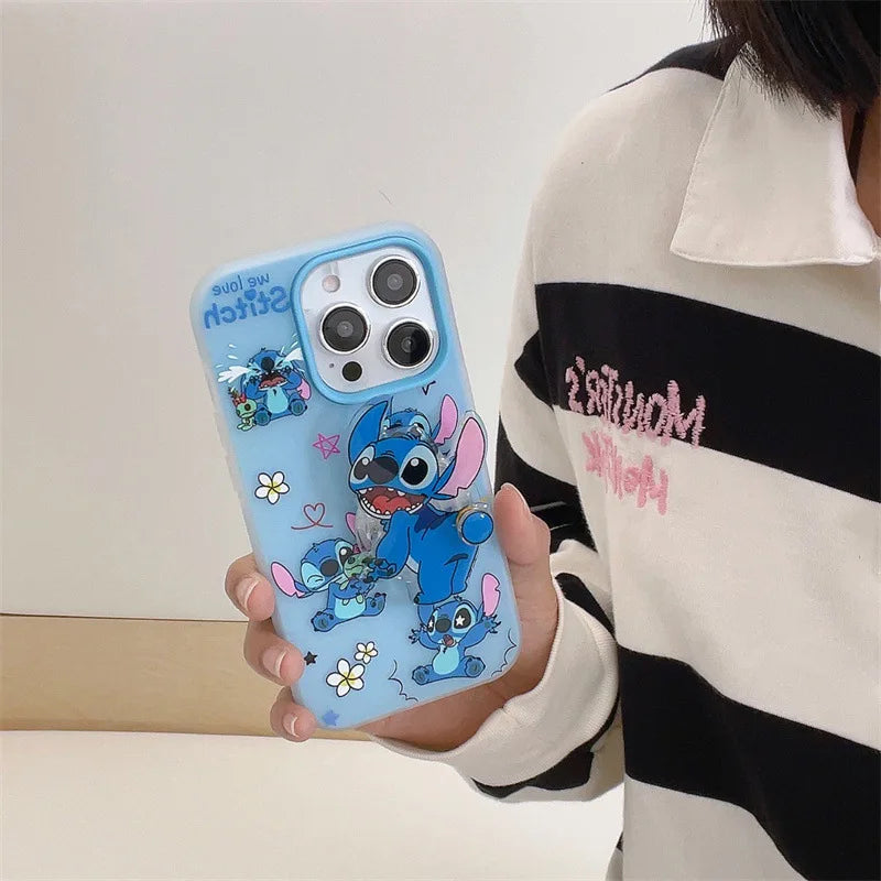 Korean Cute Cartoon Stitch With Acrylic Bracket Phone Case For iPhone