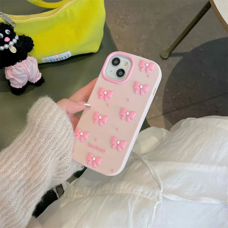 Cute Cartoon Mobile Pearl Pink Bow  Phone Case for iPhone