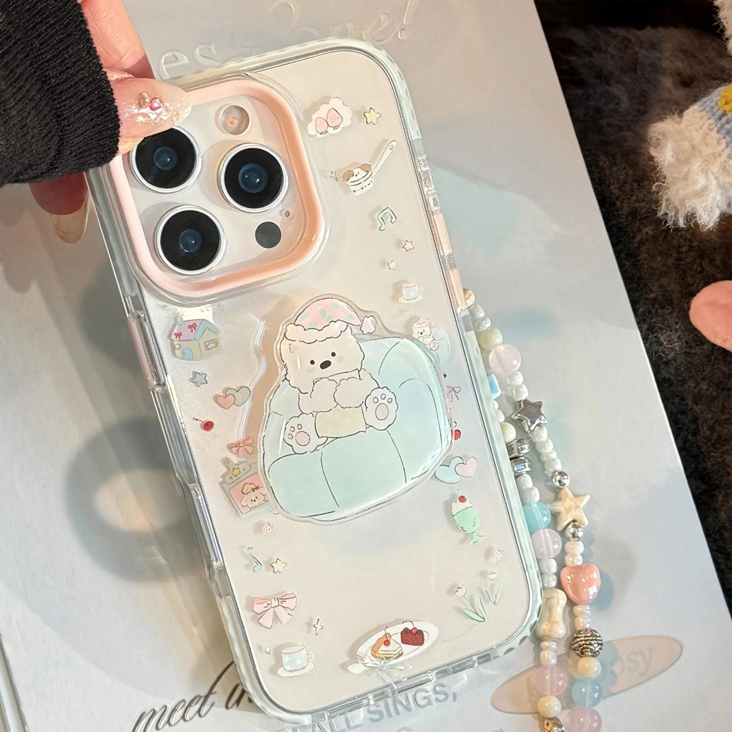 Ins Dessert Clear Cartoon Sofa Puppy Bracket With Chain Phone Case For iPhone