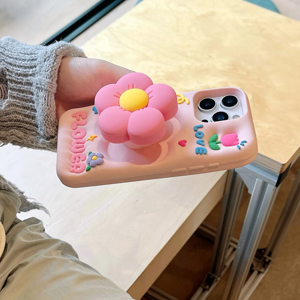 Cute 3D Floral Bracket Soft Silicone Case Flower Stand Holder Cover for iPhone