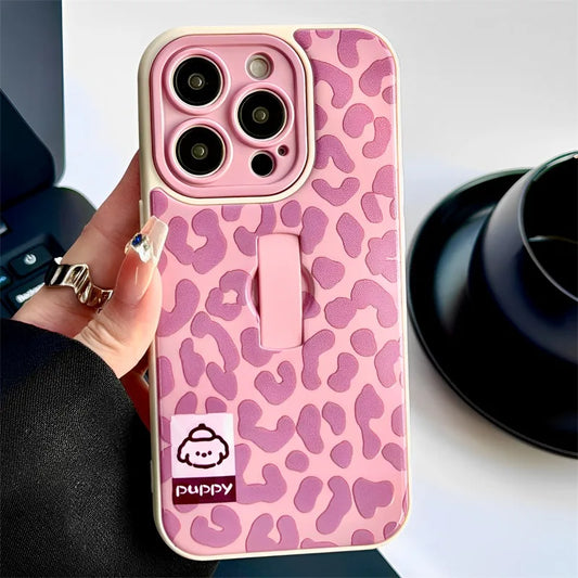 Cute Puppy Dog Stylish Leopard Print Ring Holder Stand Phone Case