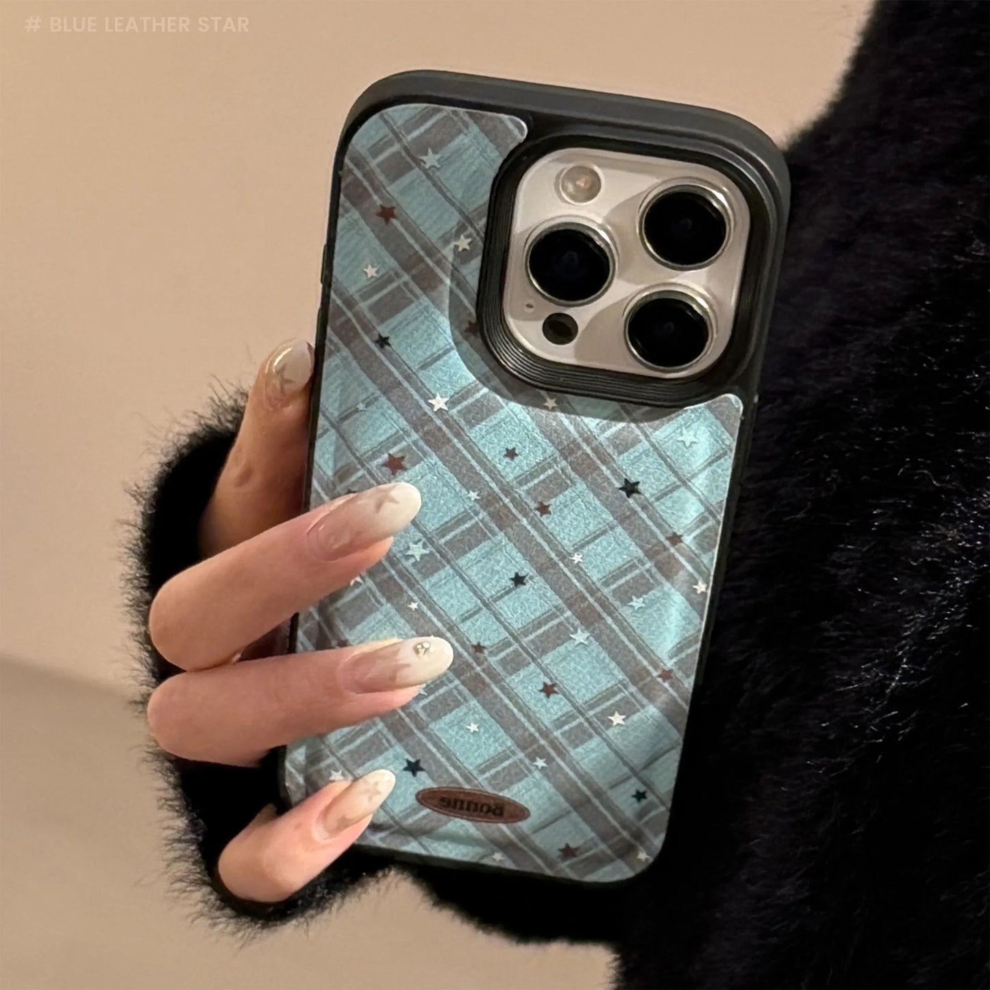 Korean Geometric Checkered Stars Leather Texture Phone Case For iPhone