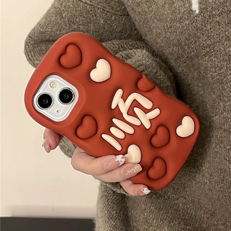 Fashion Red Love Heart Chinese Lucky Word Phone Case