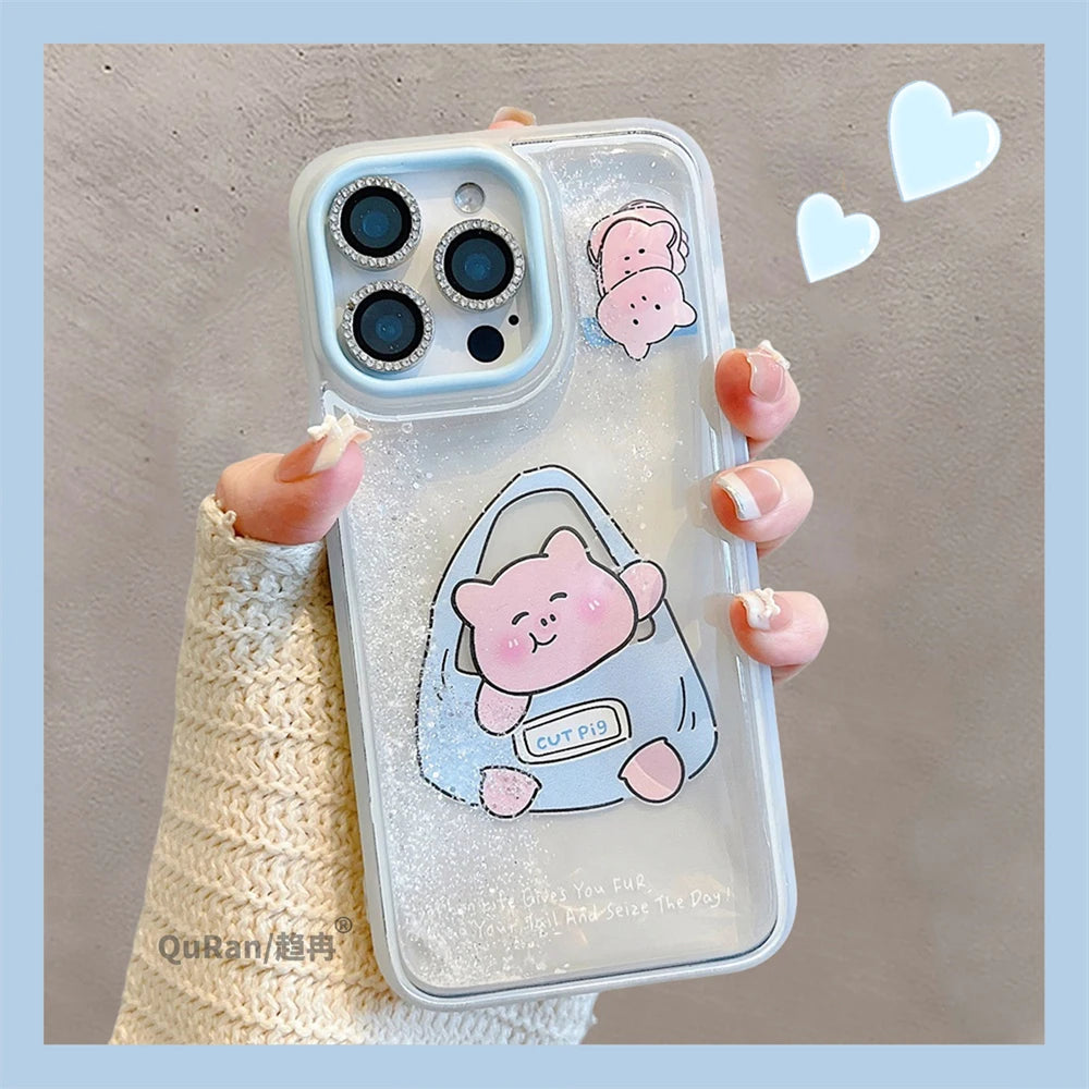 Cute Puppy Cartoon Pig Liquid Glitter Phone Case