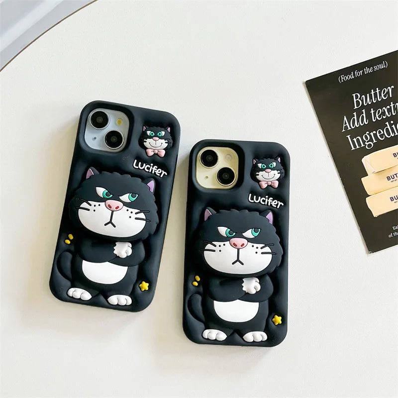 3D Cute Cartoon Cat Telescopic Bracket Soft Silicone Phone Case For iPhone
