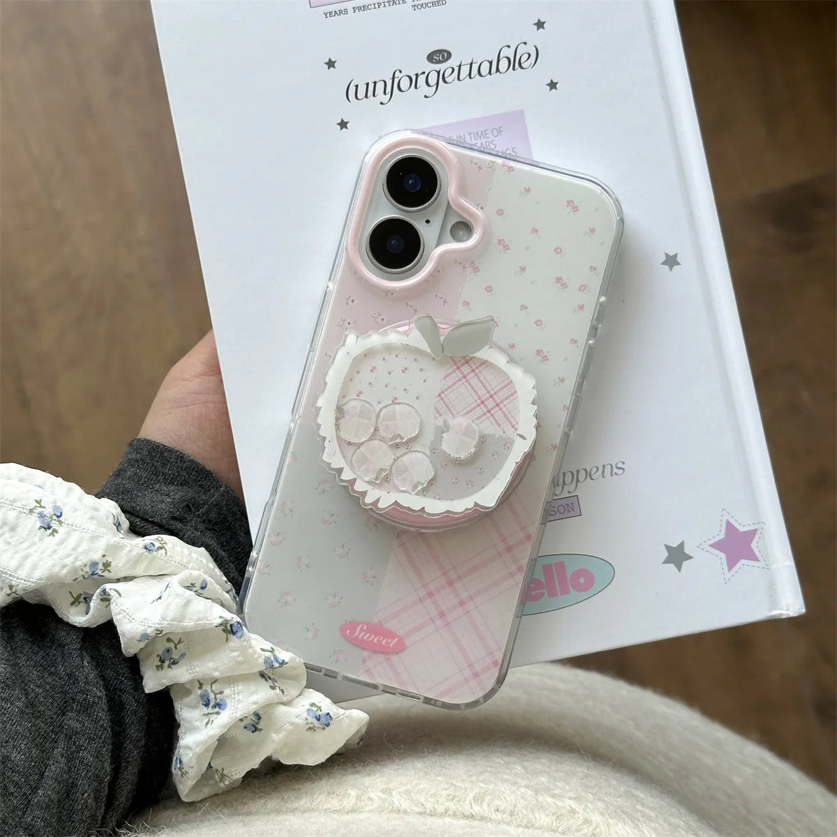 Korean Cute Fresh Pink Lattice Floral Print Magnetic Apple Holder Phone Case For iPhone