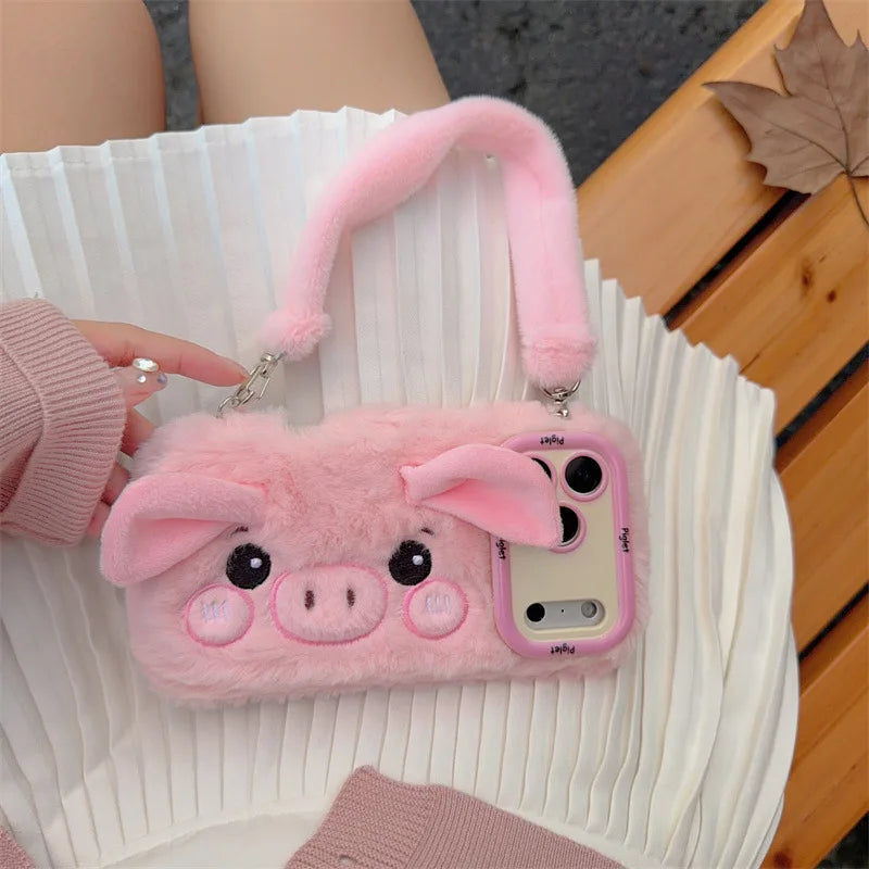 Cute 3D Cartoon Pig Plush Phone Case With Lanyard For iPhone