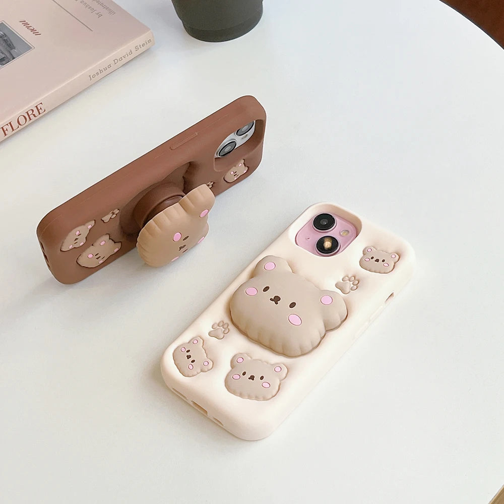 Kawaii Bear Cover With Stand Holder Soft Silicone Case for iPhone